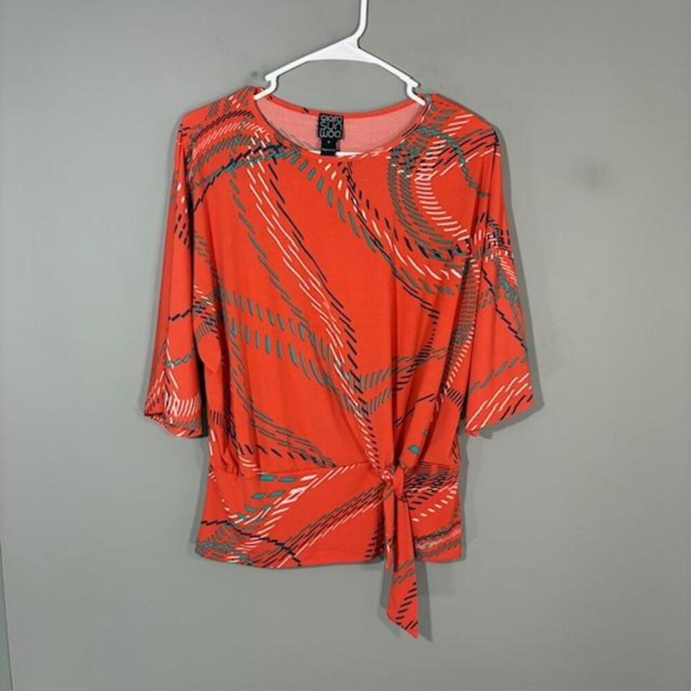 Clara Sun Woo Tunic Blouse Womens Small Orange Geometric Tie Hem 3/4 Sleeve Top
